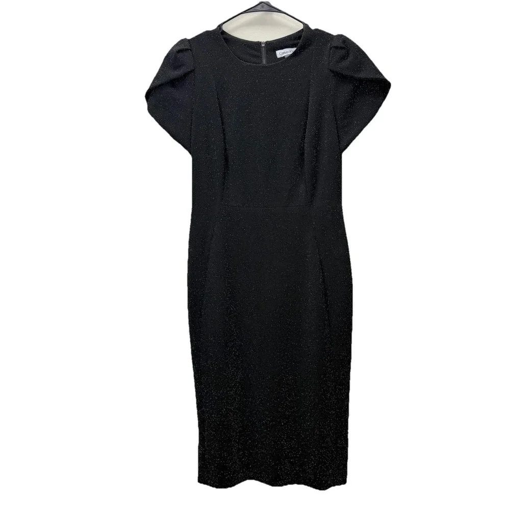 Calvin Klein Black Glitter Tulip Sleeve Stretch Sheath‎ Dress Wedding Cocktail 6